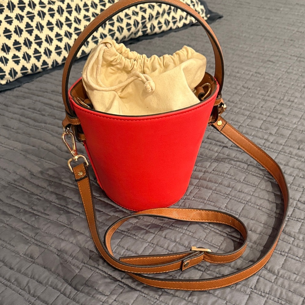 Topshop Red Bucket Bag with Tan Strap